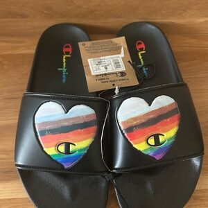Champion Black Slides with Rainbow Heart